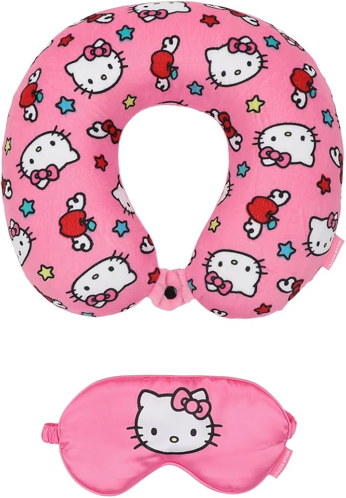 Bioworld Adult Hello Kitty Travel Set with Neck Pillow, Eye Mask, and Throw Blanket, Adorable Comfort for Hello Kitty Fans on the Go!