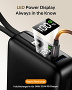 Portable Charger 50000mAh Power Bank,Portable Phone Charger with 2 Built in Cables,22.5W Fast Charging Travel Essentials Battery Pack for iPhone/iPad/MacBook/Android/Samsung