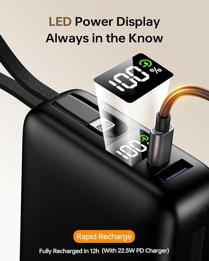 Portable Charger 50000mAh Power Bank,Portable Phone Charger with 2 Built in Cables,22.5W Fast Charging Travel Essentials Battery Pack for iPhone/iPad/MacBook/Android/Samsung