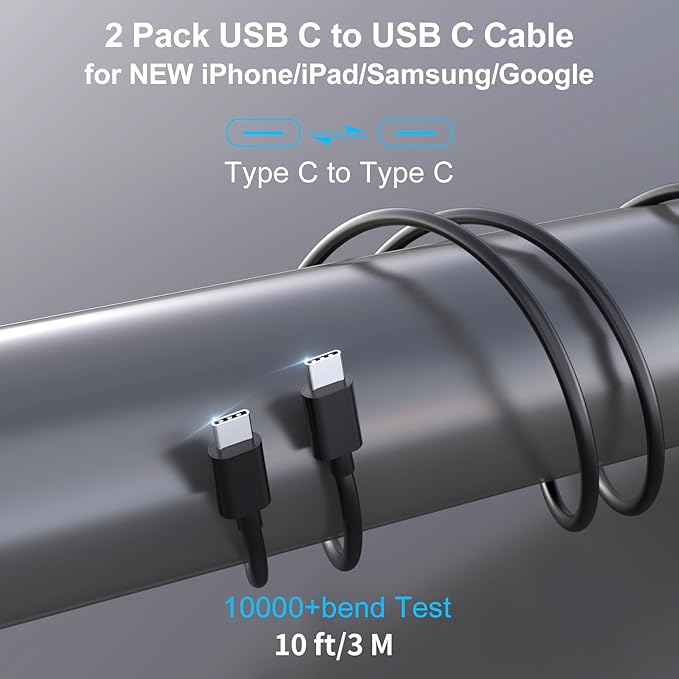 2 Pack 90W USB C Car Charger Super Fast Charging for iPhone 17 Pro Max/Air/16/15/iPad, Samsung S26 Android Phone, Dual 45W PD Port Auto Accessories, 12V Cigarette Lighter Adapter + 10 ft Type C Cord
