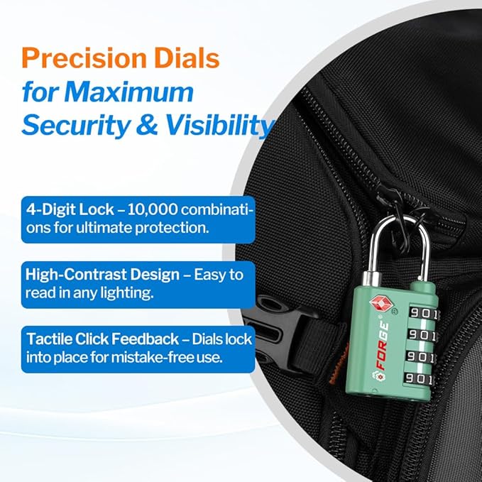 Forge Dual-Opening: Key or Combination Lock, TSA Approved Lock for Luggage, Pelican case, Travel, Gym, School, Luggage Combination Lock, Travel Bag Lock (Green 2 Pk)
