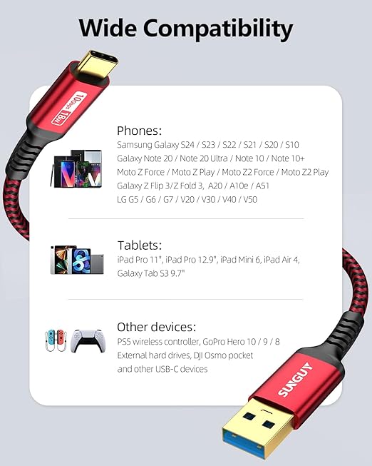 SUNGUY 10Gbps USB C 3.1 Gen 2 Cable, 4FT USB A to USB C 3A Fast Charging Android Auto USB C CarPlay Cable, Compatible with iPhone 17/16/15 Pro Max, Galaxy S22 S21 Note 20, Pixel 6 5 (Red)