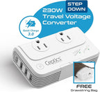 Ceptics South Africa Voltage Converter - 200W Convert 220V to 110V for Devices Like Curling Iron, Straightener, Chargers, Step Down World Power Plug 4 USB PD 18W Fast Charging Type M, G, E/F