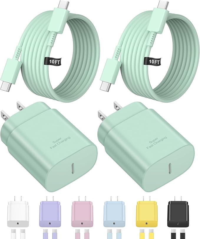 Type C Charger Fast Charging for iPhone 17 16 15,10FT USB C Samsung Chargers Block 25W Super Fast Chargers for Samsung Galaxy S25/S24 S23/iPhone Air/17/17 Pro Max/iPhone 16/16 Pro Max/15 Pro(Green)