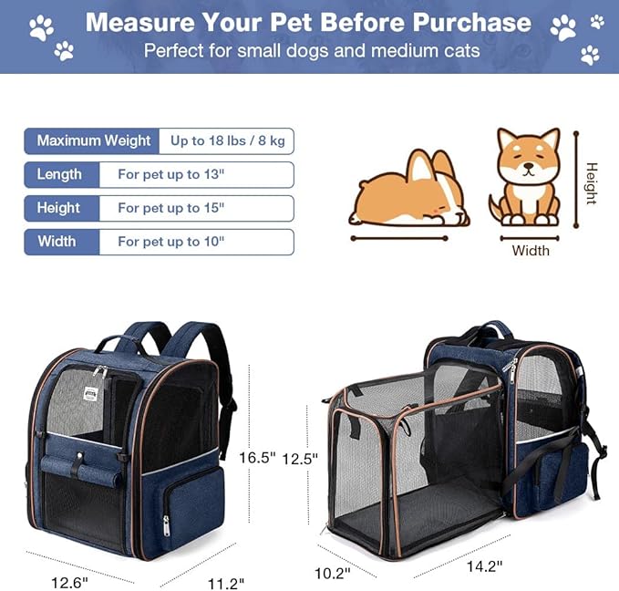 Large Cat Backpack Carrier Expandable Pet Carrier Backpack for Small Dogs Medium Cats Fit Up to 18 Lbs, Dog Backpack Carrier, Foldable Puppy Backpack Carrier for Travel, Hiking,Blue