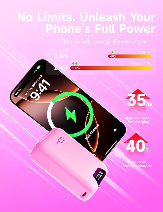 M2 Portable Charger, 20000mAh Power Bank, PD 35W Ultra Fast USB-C Built-in Cable, Compact Cute Mini External Battery Pack for iPhone, Samsung, Android iPad (Pink)