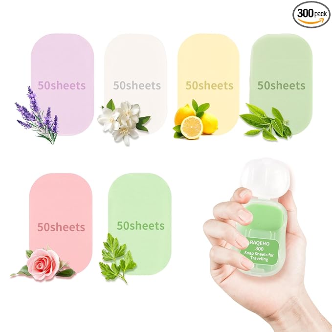 300 Paper Soap Sheets for Travel - 6packs Travel Size Foaming Hand Soap Sheets Refills with 1 Portable Box for Hand Washing Disposable Scented Mini Flakes Traveling Camping Hiking Essentials