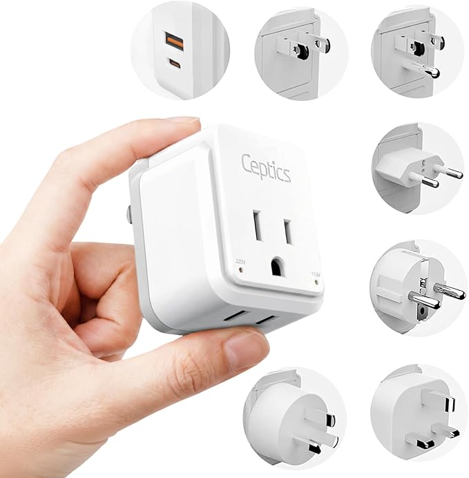 Ceptics World Power Plug Adapter Set, Dual USB & USB-C 3.1A, 20W with QC-PD, 2 USA Outlet Compact & Powerful, Use In Europe, Asia, Australia, Japan, Includes Type A, B, C, E/F, G, I SWadAPt Attachment