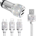 Bling Dual USB Car Charger with 3-in-1 Multi Fast Charging Cable, Dual Port Charger Adapter with Type C Micro USB Cord for iPhone, Android, Rhinestones Car Interior Accessories for Women(White)