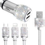 Bling Dual USB Car Charger with 3-in-1 Multi Fast Charging Cable, Dual Port Charger Adapter with Type C Micro USB Cord for iPhone, Android, Rhinestones Car Interior Accessories for Women(White)