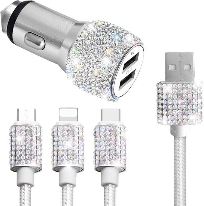 Bling Dual USB Car Charger with 3-in-1 Multi Fast Charging Cable, Dual Port Charger Adapter with Type C Micro USB Cord for iPhone, Android, Rhinestones Car Interior Accessories for Women(White)