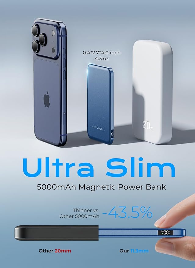 Aobbow Magnetic Portable Charger, 5000mAh Ultra Slim Power Bank, 15W Fast Charging for Magsafe Battery Pack, Travel Essential Wireless Charger Compatible with iPhone 17/16/15 Series - Dark Blue