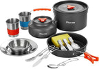 Fitense 21Pcs Camping Cookware Mess Kit for 2, Lightweight Camping Kitchen Pots and Pans Set, Portable Cooking Essentials for Backpacking, Hiking and Picnic