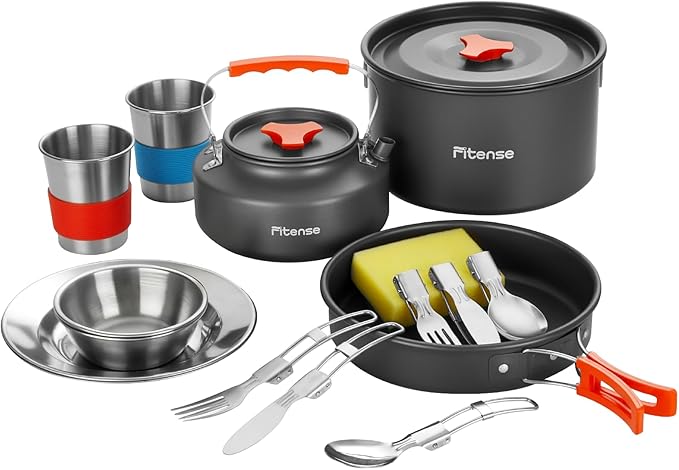 Fitense 21Pcs Camping Cookware Mess Kit for 2, Lightweight Camping Kitchen Pots and Pans Set, Portable Cooking Essentials for Backpacking, Hiking and Picnic