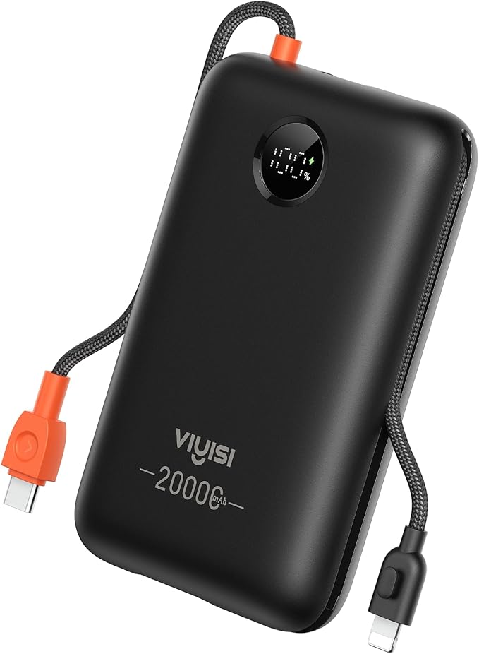 VIYISI Portable Charger 20000mAh 30W Fast Charging, Power Bank with Built-in Cables & LED Display, USB C Battery Pack for iPhone 16/15/14/13, Samsung, iPad and Android Phones, Ideal for Travel -Black