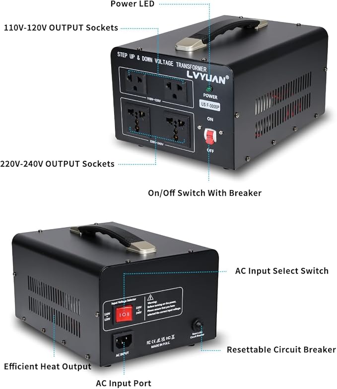 LVYUAN 3000 Watt Voltage Converter Transformer Heavy Duty Step Up/Down AC 110V/120V/220V/240V Power Converter with 2 US Outlets, 2 Universal Outlets, Resettable Circuit Breaker Protection