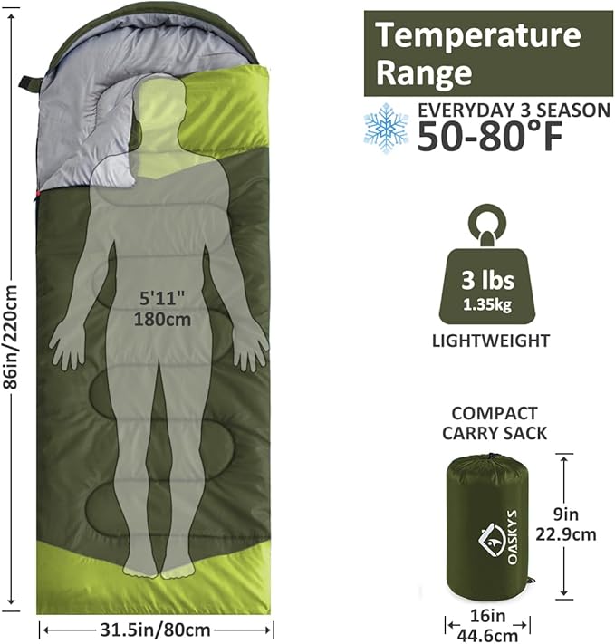 oaskys Camping Sleeping Bag - 3 Season Warm & Cool Weather - Summer Spring Fall Lightweight Waterproof for Adults Kids - Camping Gear Equipment, Traveling, and Outdoors
