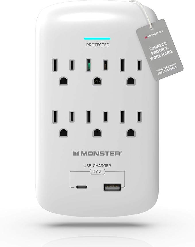 Monster 6 Outlet Wall Surge Protector with USB-C & USB A Ports, ETL Listed Wall-Mounted Charging Station, 1200 Joules Dual Mode Multi Outlet Charger Block