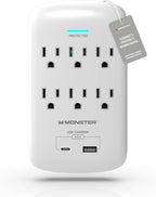 Monster 6 Outlet Wall Surge Protector with USB-C & USB A Ports, ETL Listed Wall-Mounted Charging Station, 1200 Joules Dual Mode Multi Outlet Charger Block
