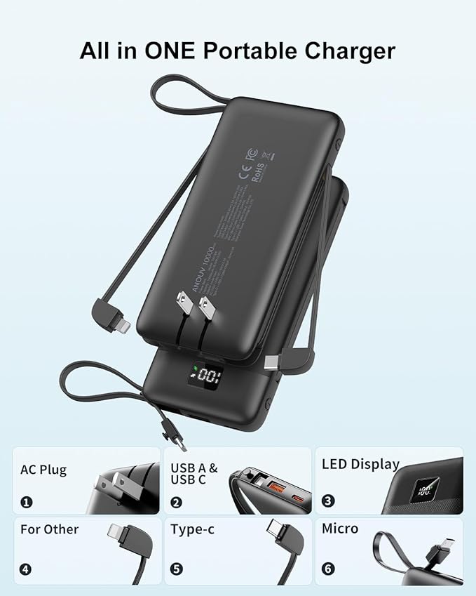 Portable Charger Built-in Cables and AC Wall Plug, 10000mAh 22.5W PD Fast Charging Power Bank, Lightweight Compact Battery Pack Travel Essentials for iPhone 17/16/15/14/13 Series,Samsung,Tablets