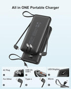 Portable Charger Built-in Cables and AC Wall Plug, 10000mAh 22.5W PD Fast Charging Power Bank, Lightweight Compact Battery Pack Travel Essentials for iPhone 17/16/15/14/13 Series,Samsung,Tablets
