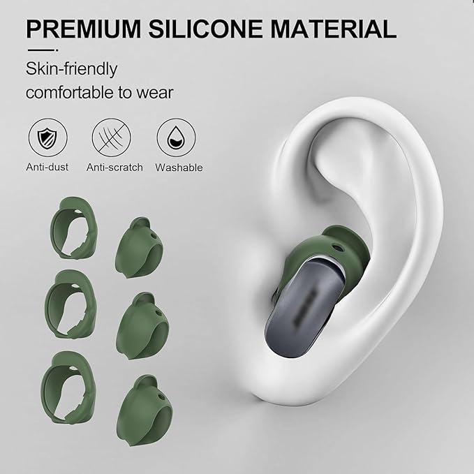 [3 Pairs] Ear Tips Cover for Bose QuietComfort Earbuds II (2022) &Bose QuietComfort Ultra Earbuds (2023), Silicone Sport Ear Hook Cover, Anti-Slip Replacement Eartip Accessories (S,M,L) (Green)