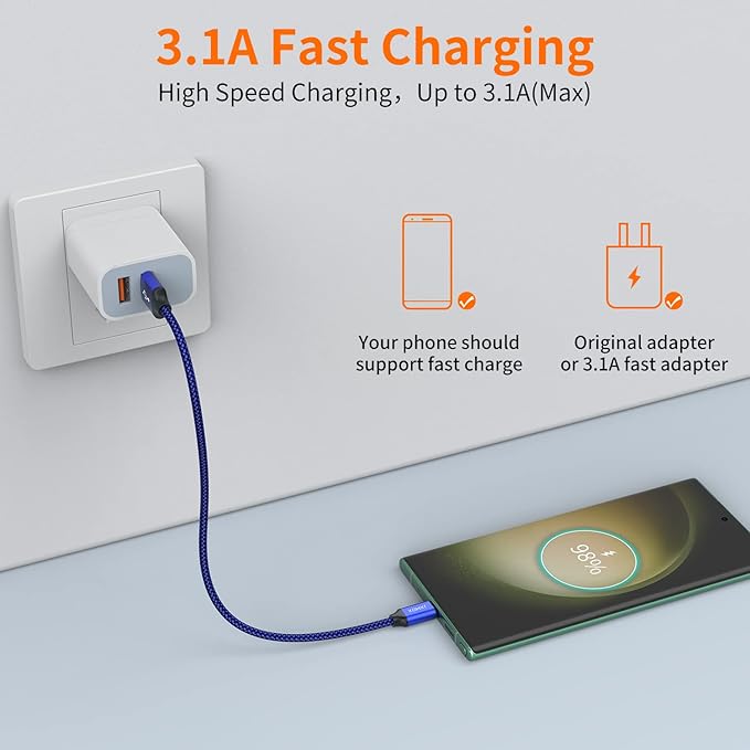 JXMOX Short USB C Cable (1ft 3-Pack), USB A to Type-C Charger Cord 3.1A Fast Charging Compatible with iPhone 15 16 Pro Max, Samsung Galaxy S22 S21 S20 S10 S9, Note 10, A80 A70 A50, Power Bank (Blue)