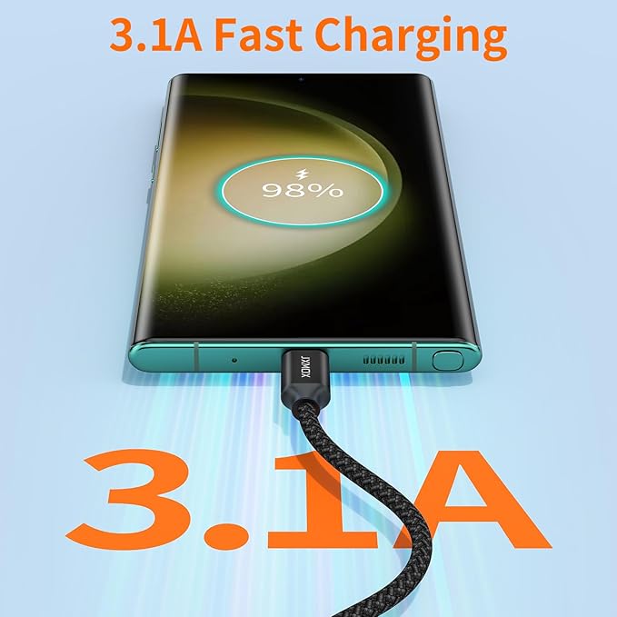 JXMOX USB C Cable,USB A to Type C 3A Fast Charging (10ft 2-Pack) Long Charger Cord Compatible with iPhone 15 16 Pro Max Plus,Samsung Galaxy S20 S10 S9 S8,Note 9 10,A50 A51 A60 A71,Moto Z2 Z3 (Black)