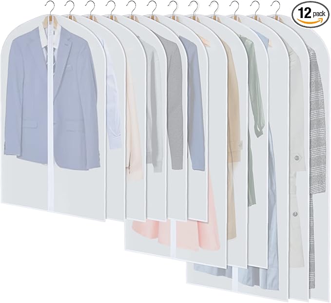Clear Garment Bags for Hanging Clothes, Set of 12 Suit Bags Dust-Resistant Clothes Cover Bags PEVA Breathable Clothes Protectors with Full Zipper for Closet Storage, 24” x 40”/47”/55”