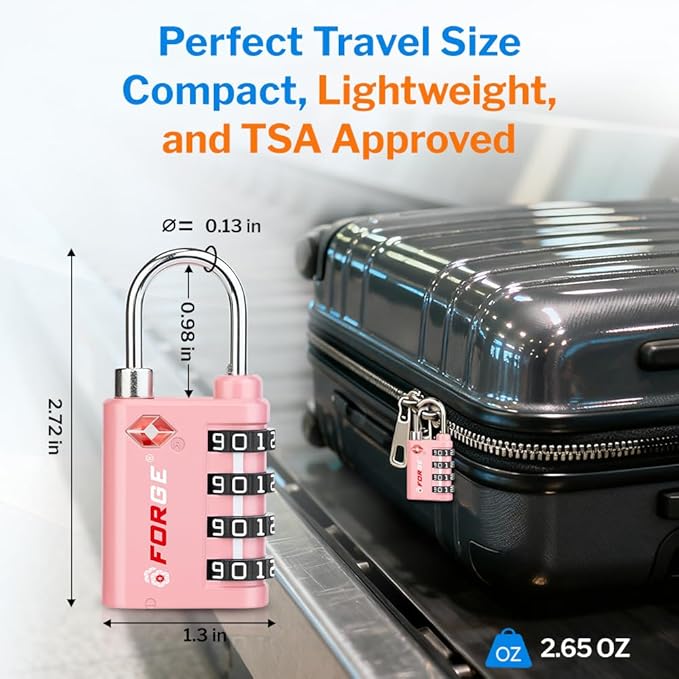 Forge Dual-Opening: Key or Combination Lock, TSA Approved Lock for Luggage, Pelican case, Travel, Gym, School, Luggage Combination Lock, Travel Bag Lock (Pink 2 Pk)