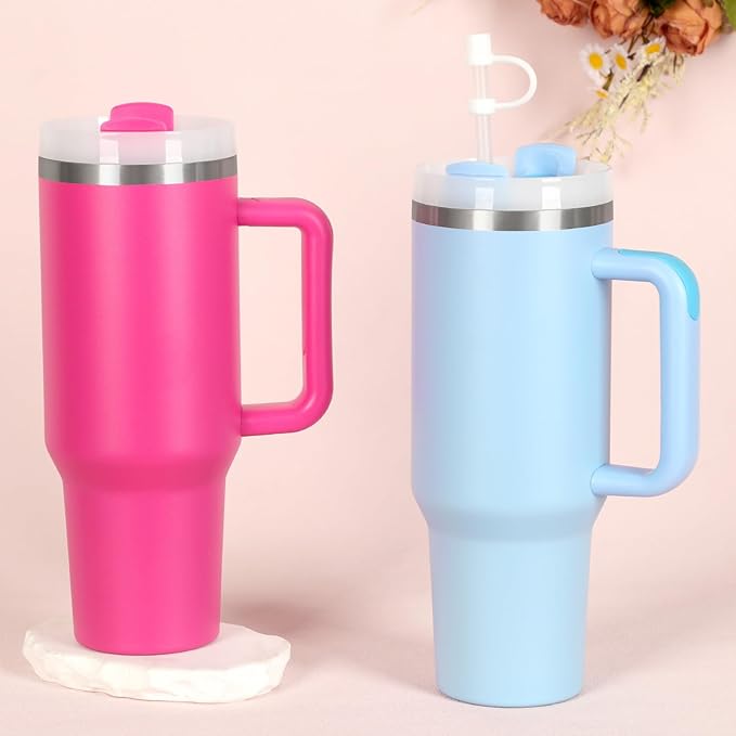 4 Pack 40 Oz Tumblers with Handle Bulk, Double Wall Vacuum Insulated Stainless Steel Tumblers with Lid and Straw, 40 oz Cups with Silicone Spill Proof Stopper Set (Black,Sky Blue,Purple,Hot Pink)