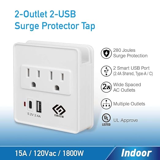 OSKOS Outlet Extender, Wall Surge Protector, 2 Outlets with 2.4A Two USB Ports (1A1C), Wall Mount Adapter with Top Phone Holder, 280 Joules, UL Listed