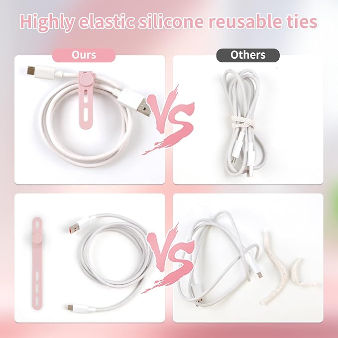 Oligei 25 Pcs Silicone Cable Ties, Cable Ties Reusable, High Elasticity Cord Wraps for Electrical Cords, Cord Organizer for Earphone, Phone Charger(Pink)