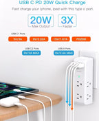 PD 20W Surge Protector Outlet Extender, Rotating Plug, One Beat 6 AC Multi Plug Outlet with 4 USB Ports (2 USB C), 1800J, 3-Sided Swivel Power Adapter with Spaced Outlet Splitter for Home Office Dorm