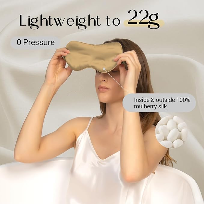 ZIMASILK Adjustable 100% 22 Momme Mulberry Silk Sleep Mask for Sleeping, Filled with Premium Mulberry Silk, Softest & Breathable Eye Sleeping Mask (Golden)