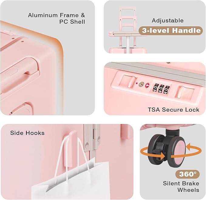 smilesun 20" Adjustable Fence Luggage with Seat, Carry On Suitcase for Kids & Adults, 200lbs Support, 360° Silent Wheels with TSA Lock, Tablet & Cup Holder(Pink)