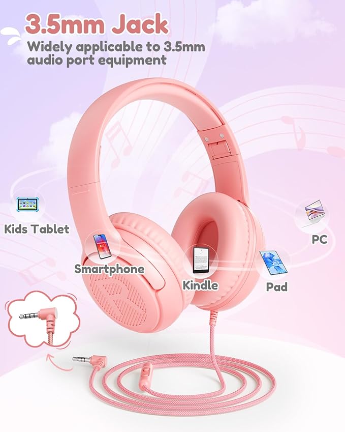 Kids Headphones with Microphone Foldable Stereo Tangle-Free 3.5mm Jack Wired Cord On-Ear Headset for Children/Teens/Boys/Girls/Smartphones/School/Kindle/Airplane Travel/Plane/Tablet (Pink)