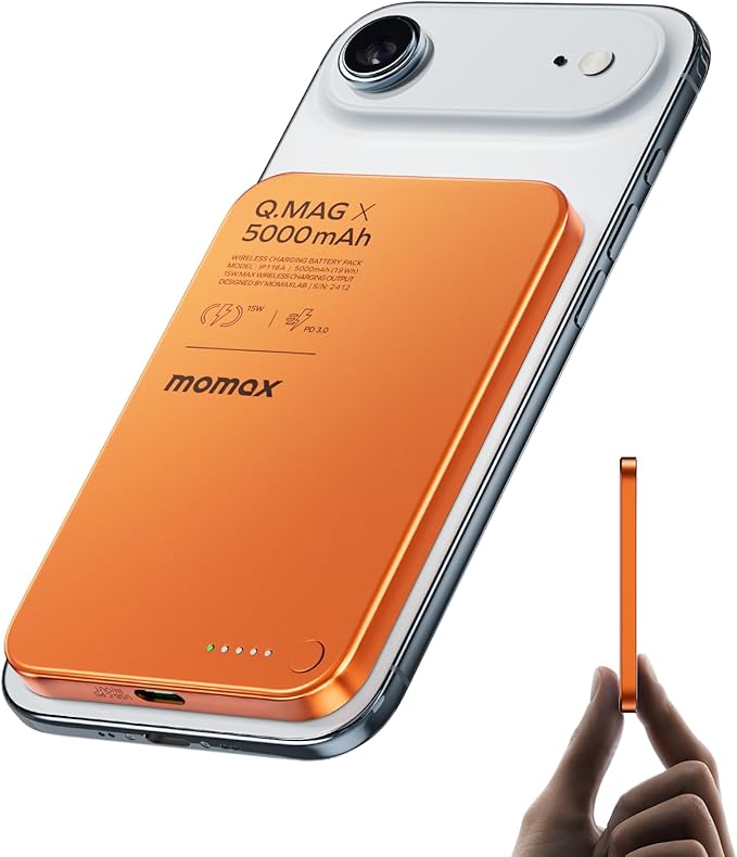 MOMAX Magnetic Wireless Power Bank 5000mAh, Ultra-Slim 0.3" MagSafe-Compatible Portable Charger, 20W USB-C PD Fast Charging, for iPhone 17/16/15/14/13/12 Series, Samsung Galaxy & Google Pixel
