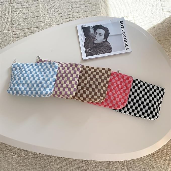 PAZIMIIK Knitted Checkered Makeup Bag Large Zipper Make Up Accessory Pouch for Purse Cosmetic Brush Bag for Travel Essential,Black