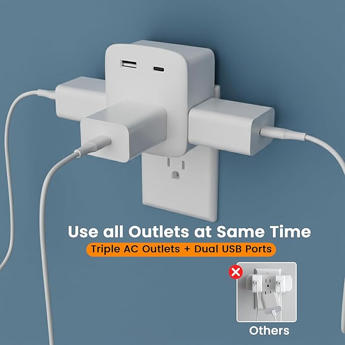 Multi Plug Outlet Extender with USB Cable(3.3FT USB A to C Cord, 3.3FT USB C to C Cord), 3-Sided Power Strip with Lip, Small Wall Tap Plug Splitter for Cruise Dorm Essentials Home Office, ETL Listed