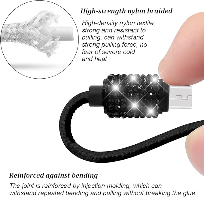 Bling Dual USB Car Charger with 3-in-1 Multi Fast Charging Cable, Dual Port Charger Adapter with Type C Micro USB Cord for iPhone, Android, Rhinestones Car Interior Accessories for Women(Black)