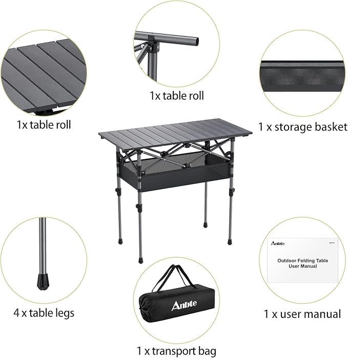 Anbte 3ft Aluminum Roll Top Camping Table, 2 Adjustable Height Camping Table Folding with Storage Net & Bag Lightweight Roll Up Table for Tailgate Outdoor Backyard BBQ Patio Picnic, 32.2” X 16”, Black