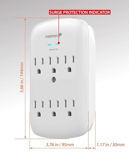 Fosmon 6-Outlet Power Strip Surge Protector 1200 Joules, Wall Mount Adapter Tap, Multi-Plug Outlet Wall Charger Extender, Charging Station, ETL Listed for Home, Dorm Room & Office (2 Pack) - White
