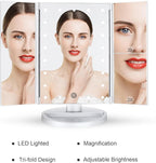 deweisn Dresser Mount Tri-Fold Lighted Vanity Mirror with 21 LED Lights, Touch Screen and 3X/2X/1X Magnification, Two Power Supply Modes Make Up Mirror,Travel Mirror