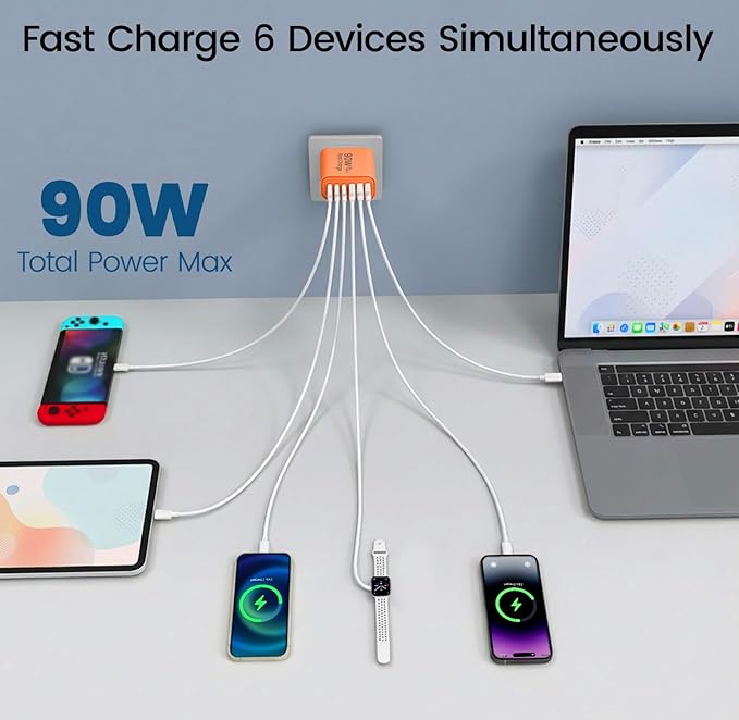 90W GaN USB C Charger Block [3 Pack],6-Port USB C Wall Charger Fast Charging 45W PD Power Adapter for MacBook Air/iPad Pro/iPhone 17Pro Max/Samsung Galaxy S24 Ultra/Tabs for Home Travel