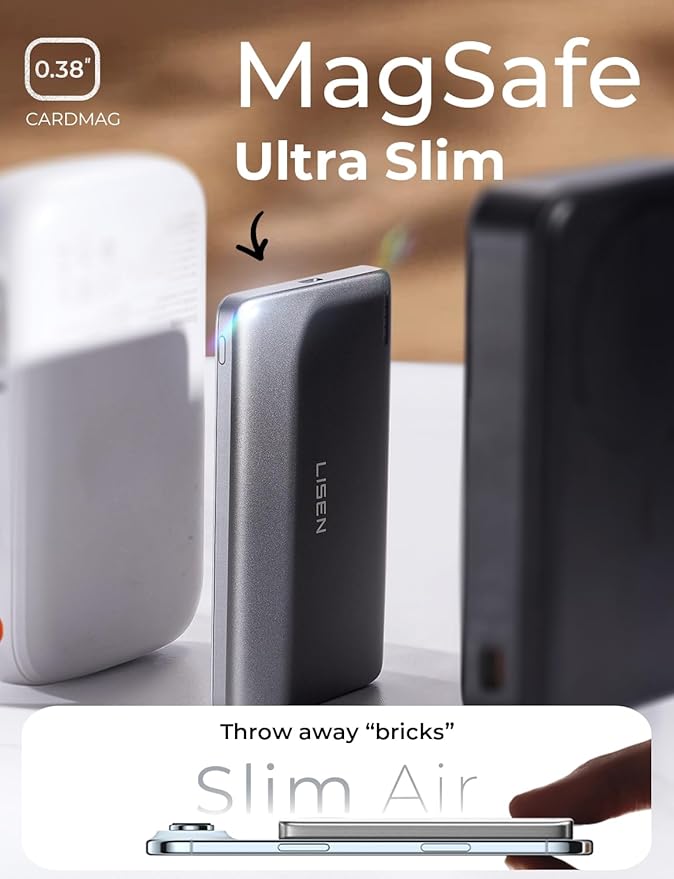 LISEN Ultra Slim MagSafe Power Bank,5000mAh Wireless Slim MagSafe Battery Pack,Magnetic Portable Charger,Magnetic Power Bank for iPhone 17 Pro Max Plus Air/16-12 Series,Gifts for Men Women