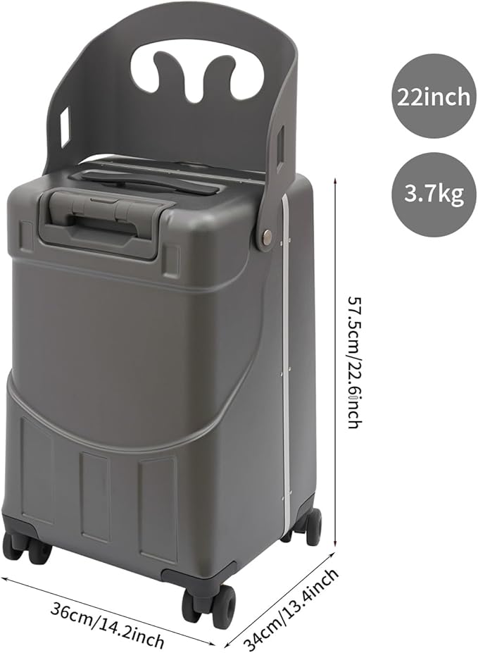 Kids Ride-on Luggage with Foldable Back Rest, 22" Carry On Luggage Travel Trolley Case with Seat for Children, Top Opening Suitcase with Spinner Wheels and Lock (Dark Grey, 22 Inch)
