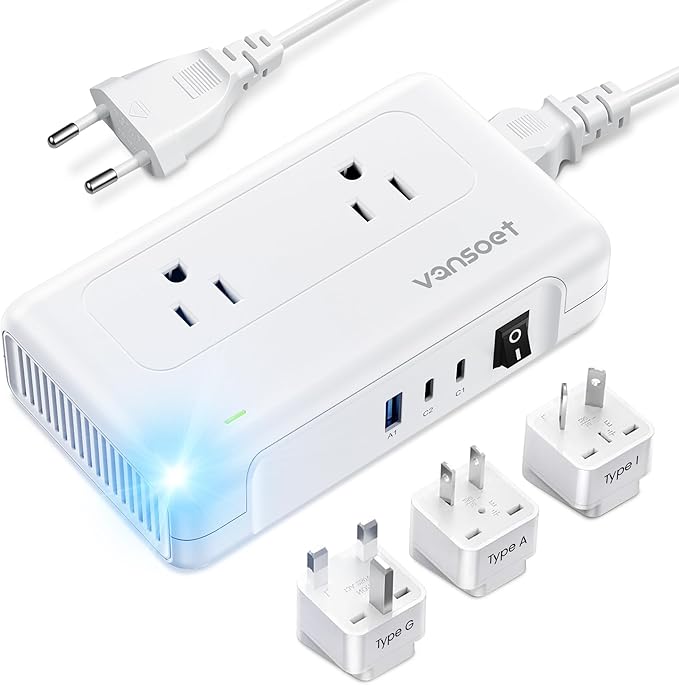 220V to 110V Converter with USB C 35W, Voltage Converter US to Europe for Hair Straighteners, Universal Travel Adapter with 2 USB C Ports & 1USB-A Port, Power Plug Adapter UK/US/AU/EU