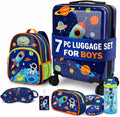 emissary 7pcs Space Boy’s Luggage Set with wheels – Rolling Luggage, Backpack, Eye Mask, Toiletry Bag, Suitcase Tag, Neck Pillow & Water Bottle – Carry Luggage for Kids & Boys with Wheels