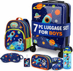 emissary 7pcs Space Boy’s Luggage Set with wheels – Rolling Luggage, Backpack, Eye Mask, Toiletry Bag, Suitcase Tag, Neck Pillow & Water Bottle – Carry Luggage for Kids & Boys with Wheels